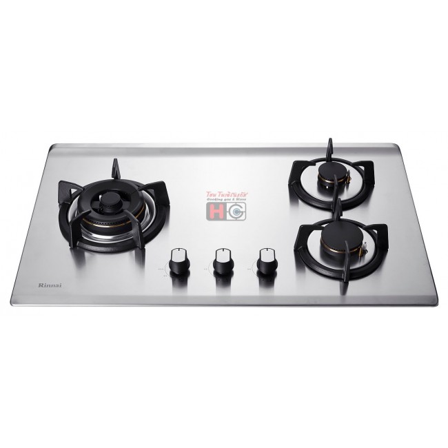 เตาแก๊สฝังบอดี้สแตนเลส หัวเตาทองเหลือง 3หัว Hyper Burner Rinnai RB-73TS